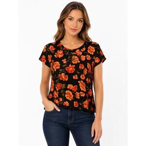 C’est La Vie Women’s Petite Large Black Floral Blouse Short Sleeve Top NWT